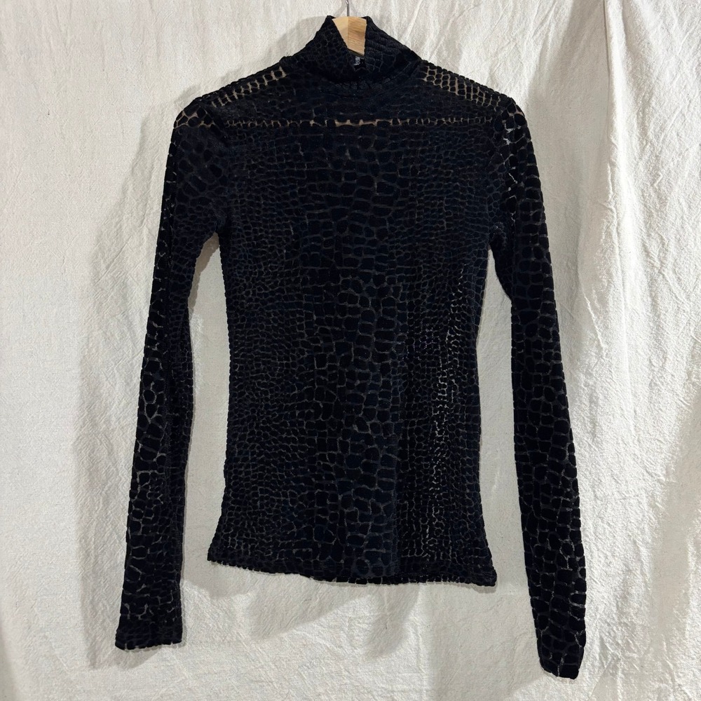 Womens XS Black Sheer Burnout Velvet Mock Neck Long Sleeve Top Animal Goth